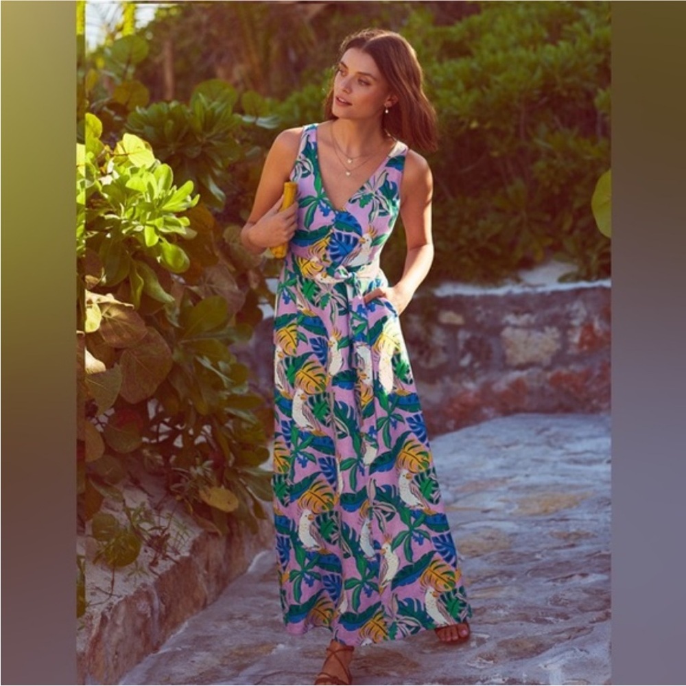 Boden Tropical Print Midi Dress in Pink, Green, Yellow, Blue